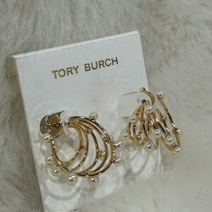 Tory Burch Gold Pearl Accented Hoop Earrings